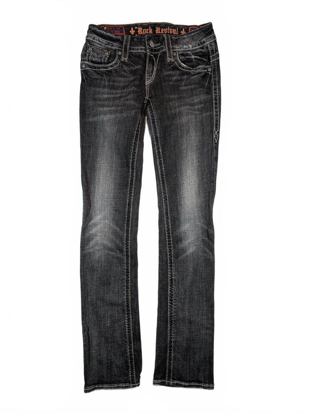 Rock Revival Christina Embroidered Fleur De Lis Straight Leg Jeans Womens 28x32